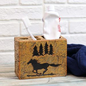Rustic Western Mustang Horse Pine Trees Silhouette Toothbrush Toothpaste Holder
