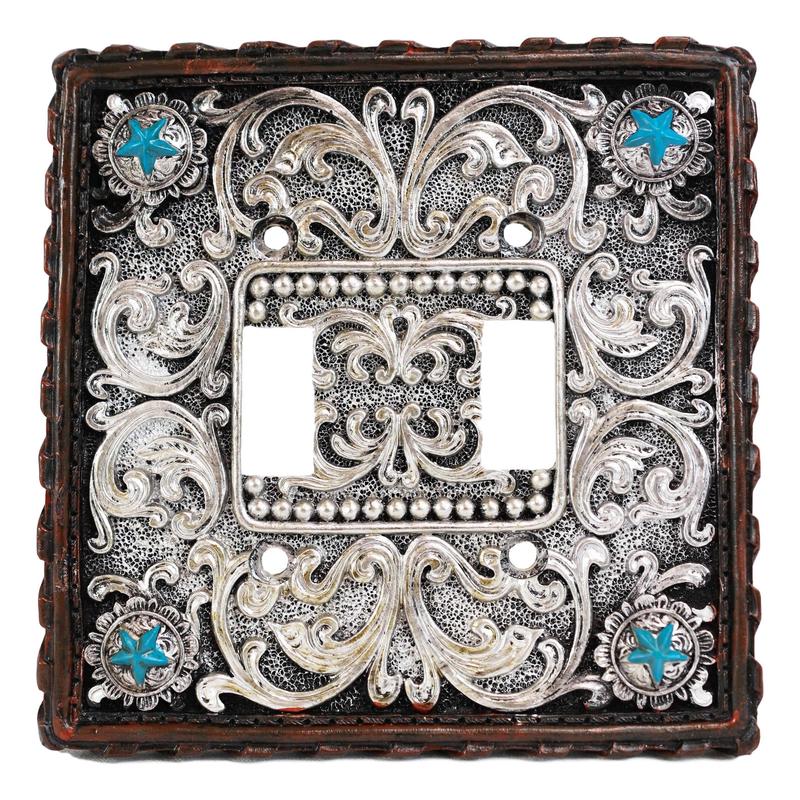 Set of 2 Western Turquoise Stars Lace Scroll Wall Double Toggle Switch Plates
