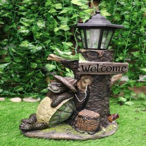 Summer Turtle Tortoise & Frog Hiker Statue With Solar Powered Lantern LED Light