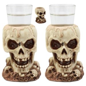 Twin Gothic Ossuary Graveyard Melting Skull Shot Glass Holder Figurine Set of 2