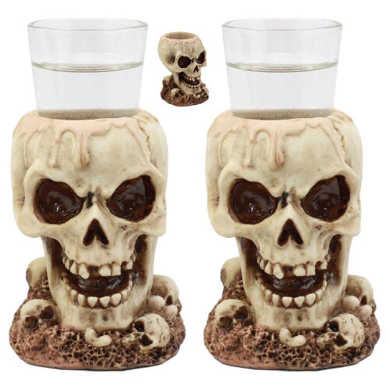 Twin Gothic Ossuary Graveyard Melting Skull Shot Glass Holder Figurine Set of 2