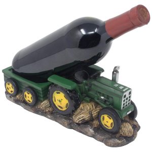 Vintage Old Fashioned Green Harvest Farm Tractor With Trailer Wine Holder 11"L
