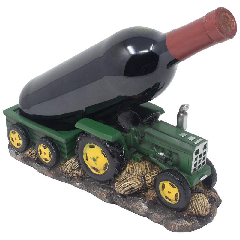 Vintage Old Fashioned Green Harvest Farm Tractor With Trailer Wine Holder 11"L