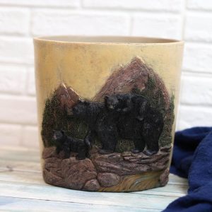 Western Rustic Pine Mountain Black Bear With Cubs Waste Basket Dry Trash Bin