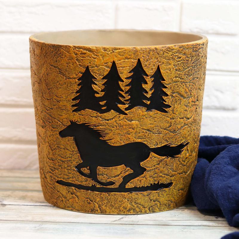 Wildlife Rustic Mustang Horse Pine Trees Forest Waste Basket Dry Trash Bin Decor