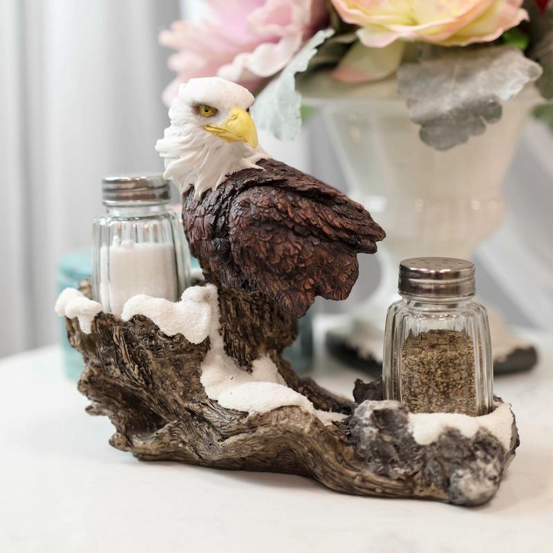 American Bald Eagle By Tree Branch Glass Salt & Pepper Shakers Holder Figurine