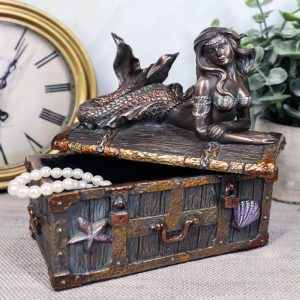 Bronzed Mermaid Nerida Resting On Sunken Treasure Jewelry Box Figurine 5.25"L