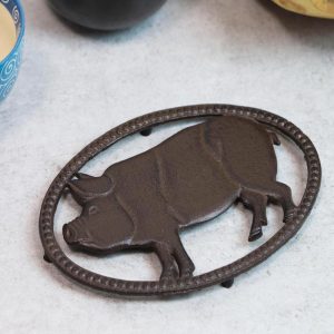 Cast Iron Rustic Swine Bacon Pig Cutout With Raised Studs Border Metal Trivet