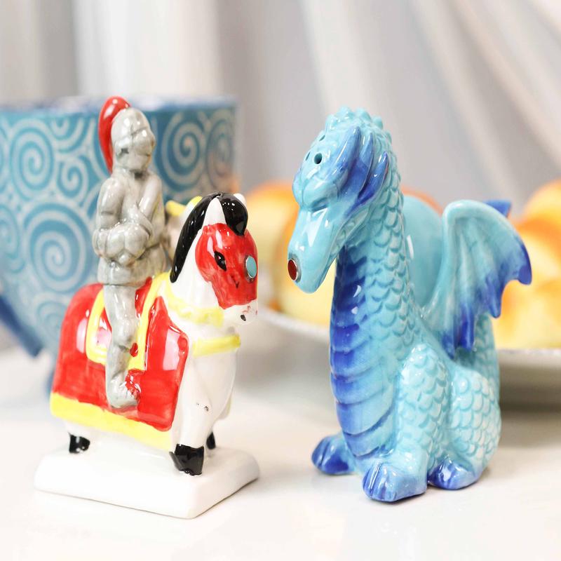 Ceramic Saint George The Knight And Blue Dragon Salt Pepper Shakers Figurine Set
