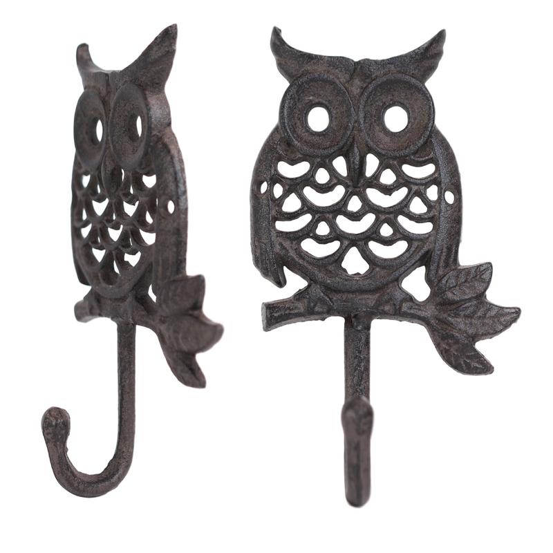 Ebros Cast Iron Rustic Great Horned Owl On Twig Wall Coat Keys Hook Pack Of 2