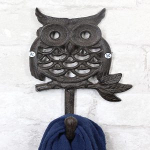 Ebros Cast Iron Rustic  Great Horned Owl On Twig Wall Coat Keys Leash Hook
