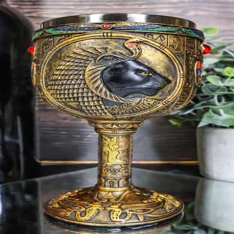Ebros Egyptian Sekhmet 6oz Resin Wine Goblet Chalice With Stainless Steel Liner