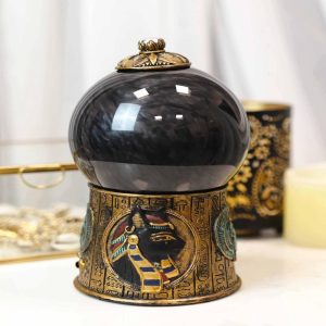 Egyptian Goddess Bastet & Scarab Hieroglyphic Black Sandstorm Gazing Ball Statue