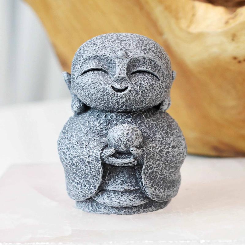 Feng Shui Zen Blissful Japanese Jizo Monk With Mani Jewel Mini Figurine 3"Tall