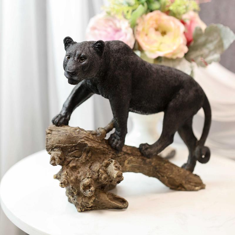 Ghost Hunter Black Panther Cougar On Weathered Tree Log Statue Jaguar Decor