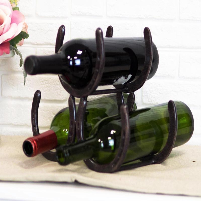 Large Cast Iron Rustic Farmhouse Stacked Horseshoes 3 Bottles Wine Holder Racks