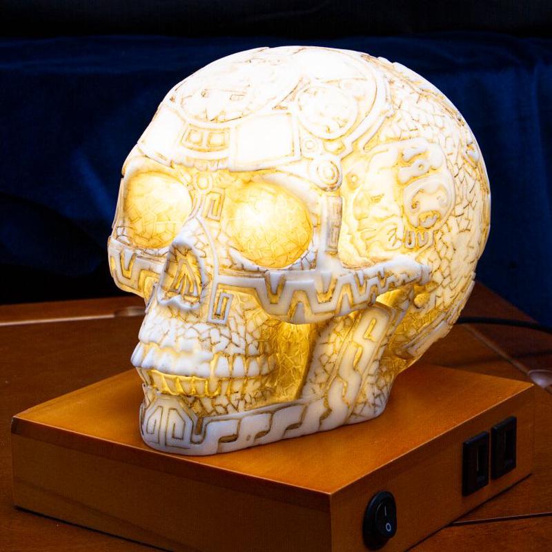 Mesoamerican Maya Aztec Skull LED Night Light Statue With USB Charging Wood Base