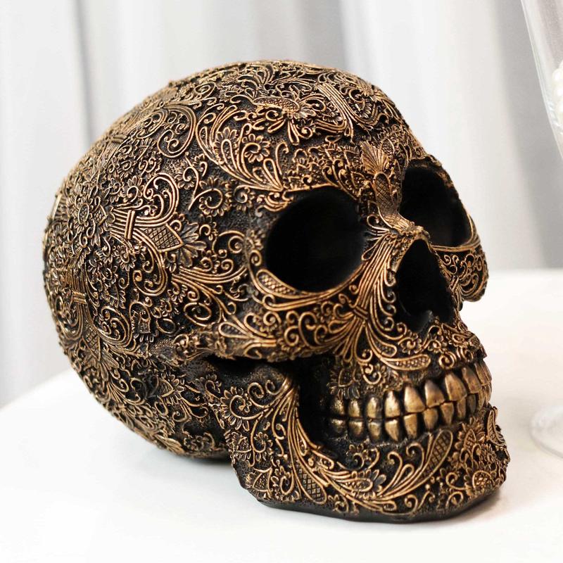 Ornate Tooled Floral Lace Fleur De Lis Royalty Cross Skull Decorative Figurine