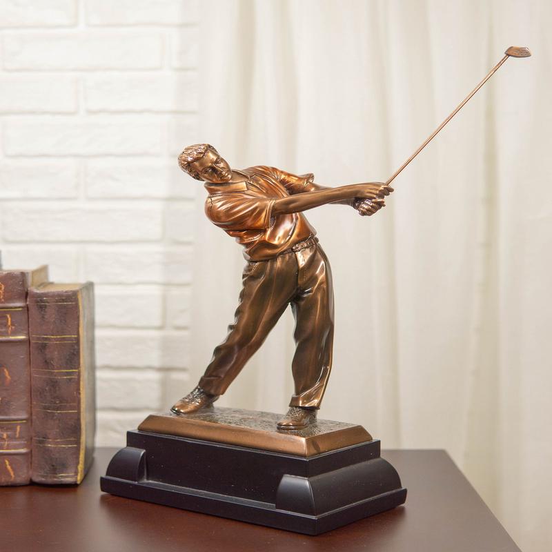 Professional Golfer Swinging Golf Club Bronze Electroplated Decor Statue 15" H