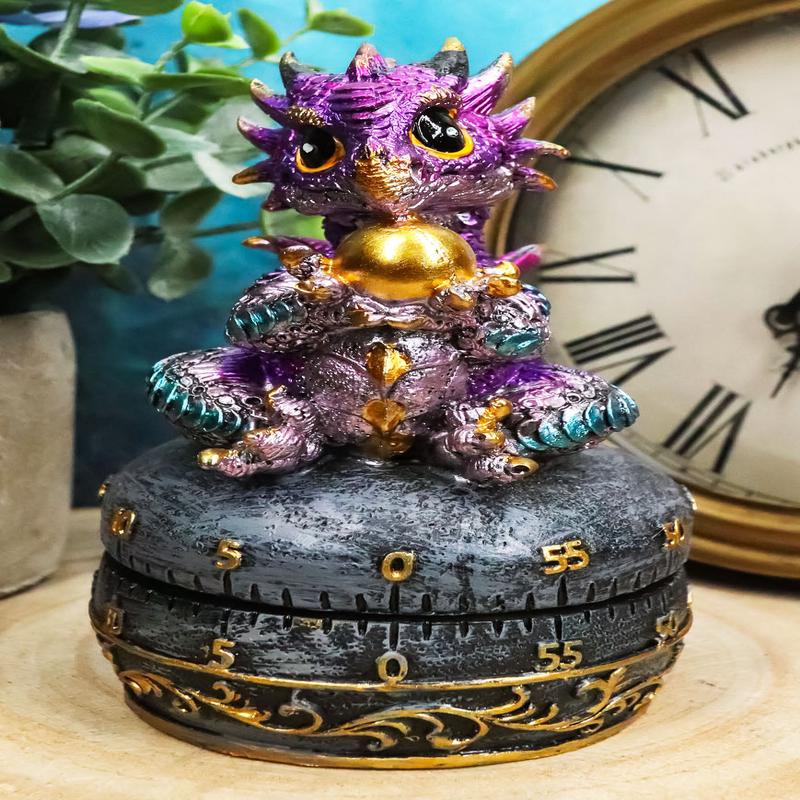 Purple Baby Wyrmling Dragon Holding Egg Decorative Kitchen Timer Figurine 60 Min