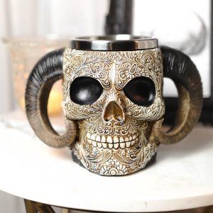 Ram Horned Tribal Floral Lace Tooled Skull Beer Stein Tankard Coffee Cup Mug