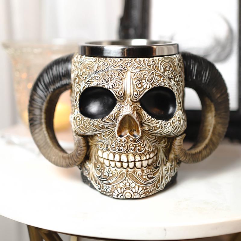 Ram Horned Tribal Floral Lace Tooled Skull Beer Stein Tankard Coffee Cup Mug