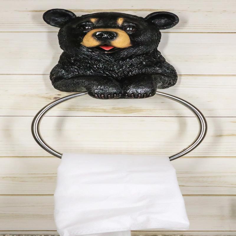 Rustic Cabin Vanity Bathroom Bear Hand Towel Ring Holder Figurine Powder Room