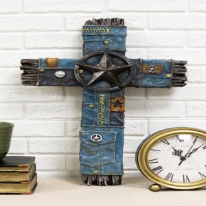 Rustic Cowboy Western Star And Blue Denim Jeans Resin Wall Cross Decor Plaque