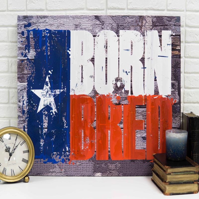 Rustic Western Born And Bred Texas Flag Wood Frame Canvas Wall Art 19" X 23"