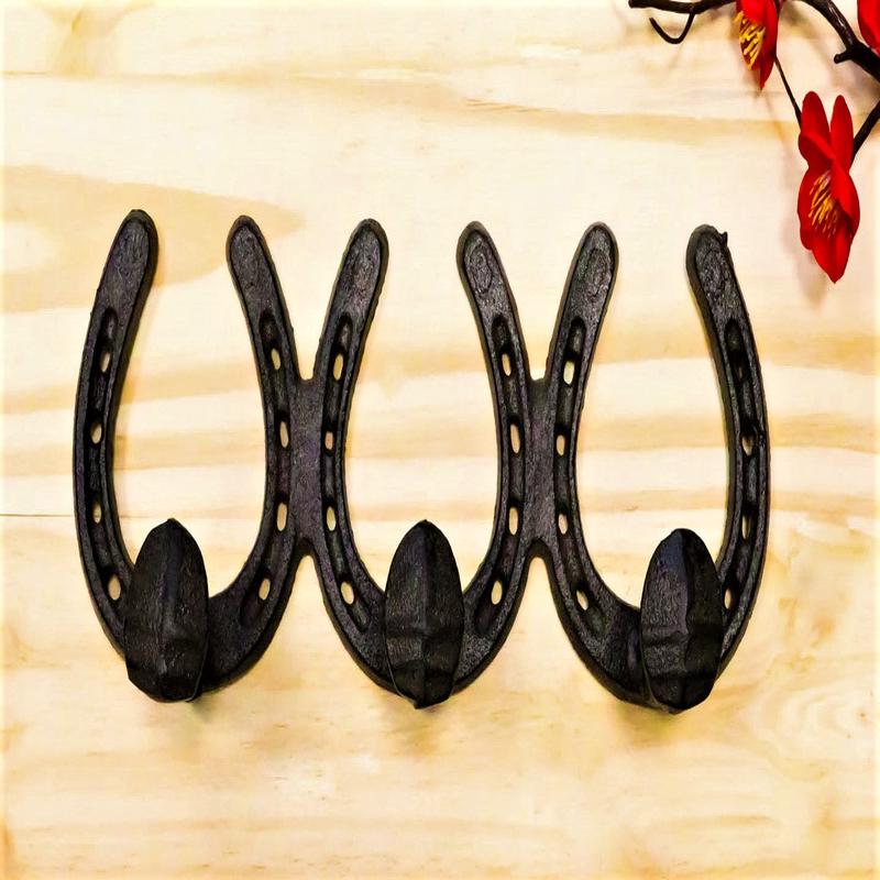 Rustic Western Cowboy 3 Horseshoes And Nail Spikes Coat Key Hat Leash Wall Hooks