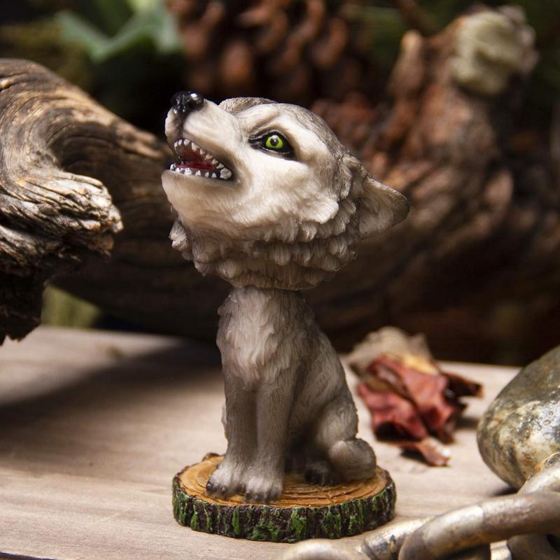 Cries of The Night Howling Gray Wolf With Green Eyes Bobblehead Figurine 3.75" H