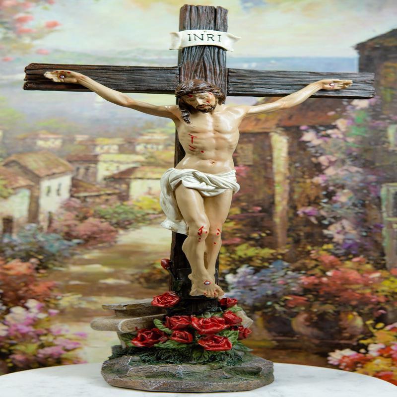 Ebros Jesus Christ On The Cross With Rose of Sharon Base Decorative Crucifix Statue