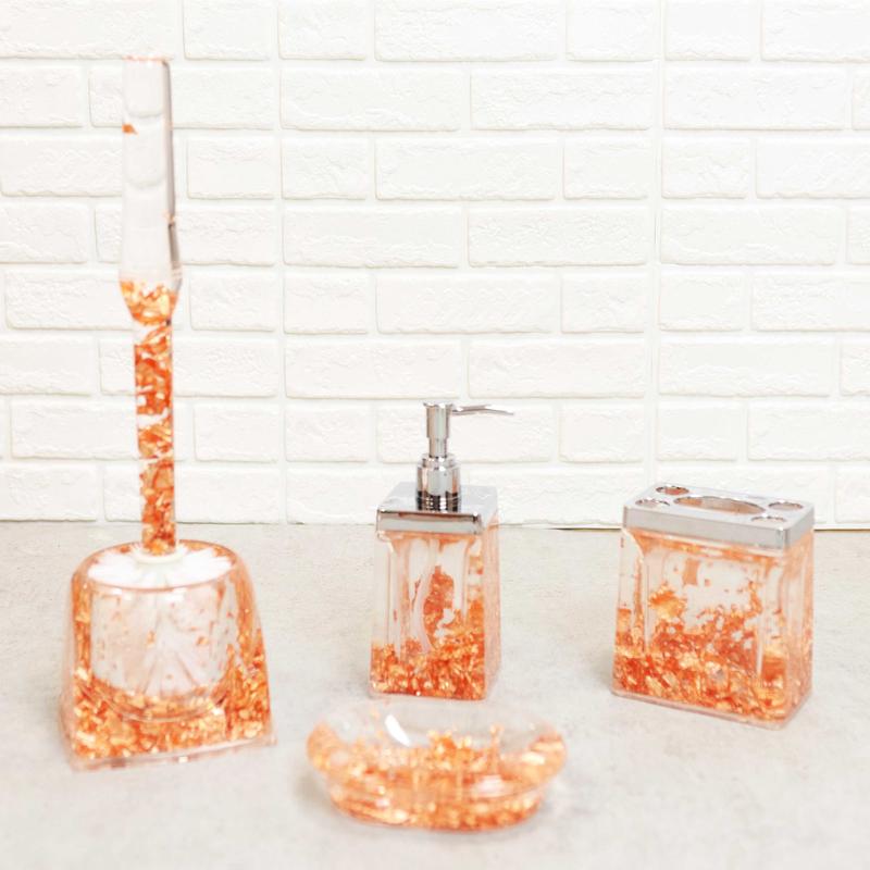 Golden Copper Flakes & Specks 5 Piece Chic Bathroom Vanity Accessories Gift Set