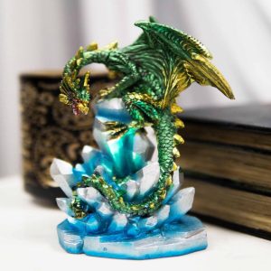 Green And Gold Cosmic Dragon On Blue Crystal Stalactite Rock LED Light Statue
