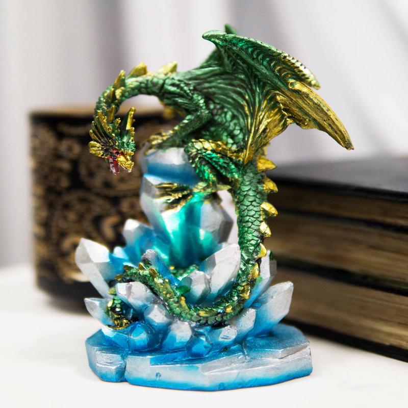 Green And Gold Cosmic Dragon On Blue Crystal Stalactite Rock LED Light Statue