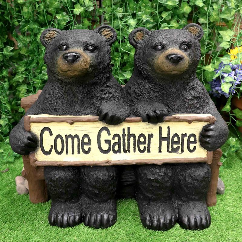 Large 21"L Rustic Forest Twin Black Bears On Park Bench Holding Sign Statue