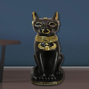 Large Black And Gold Egyptian Goddess Cat Bastet With Scarab Amulet Statue 37"H