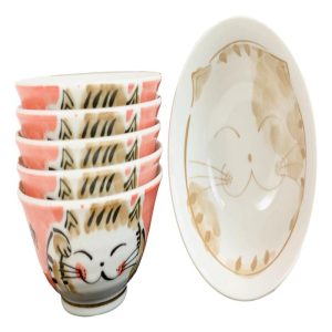 Made In Japan Pink Lucky Cat Maneki Neko 16oz Soup Rice Cereal Bowls Set of 6