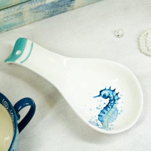 Nautical Marine Blue White Seahorse Ceramic Kitchen Utensil Holder Spoon Rest