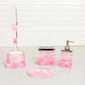 Pink Floral Petals and Pearls 5 Piece Chic Bathroom Vanity Accessories Gift Set