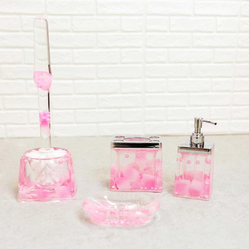 Pink Floral Petals and Pearls 5 Piece Chic Bathroom Vanity Accessories Gift Set