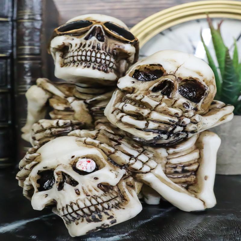 See Hear Speak No Evil Stacked Up Comical Skeletons Pen Holder Statue Figurine