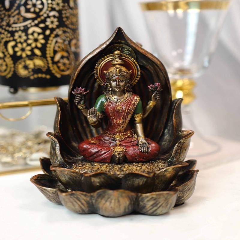 Vastu Hindu Goddess Lakshmi Seated On Lotus Backflow Incense Cone Burner Statue