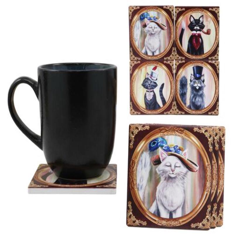 Aristocrat Fancy Cats Coasters For Drinks Set of 4 Ceramic Tiles With Cork Back