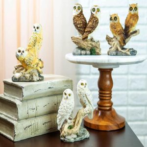 Colorful Barn Great Horned Snowy & Screech Owl Perching On Branch Figurine Set