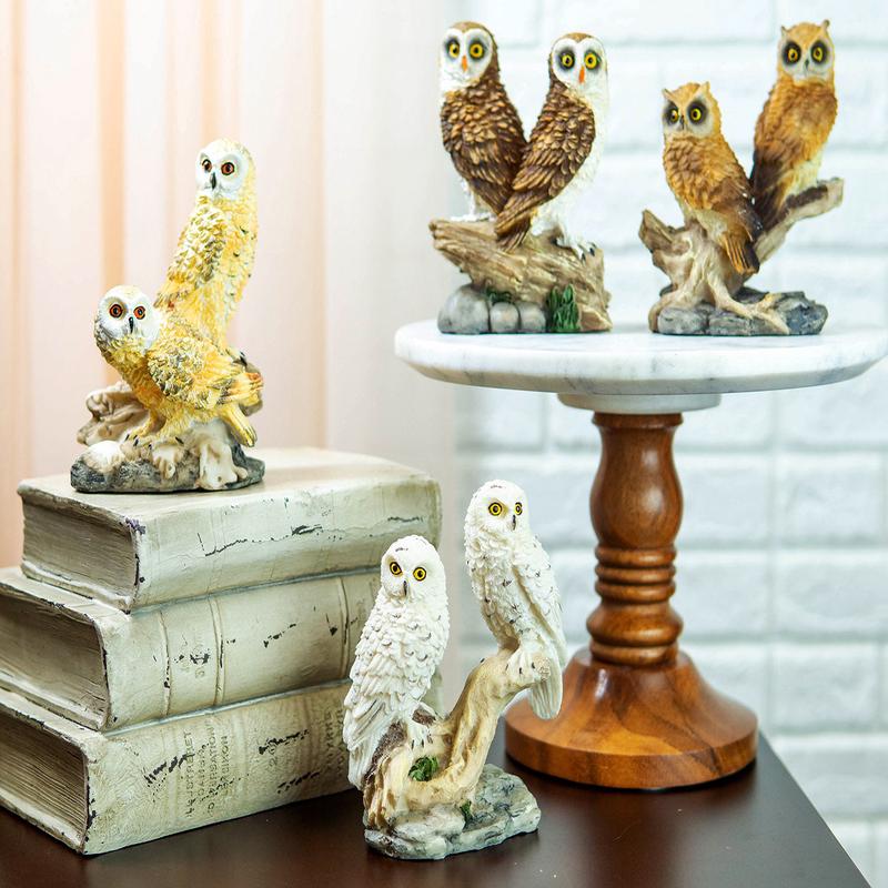 Colorful Barn Great Horned Snowy & Screech Owl Perching On Branch Figurine Set