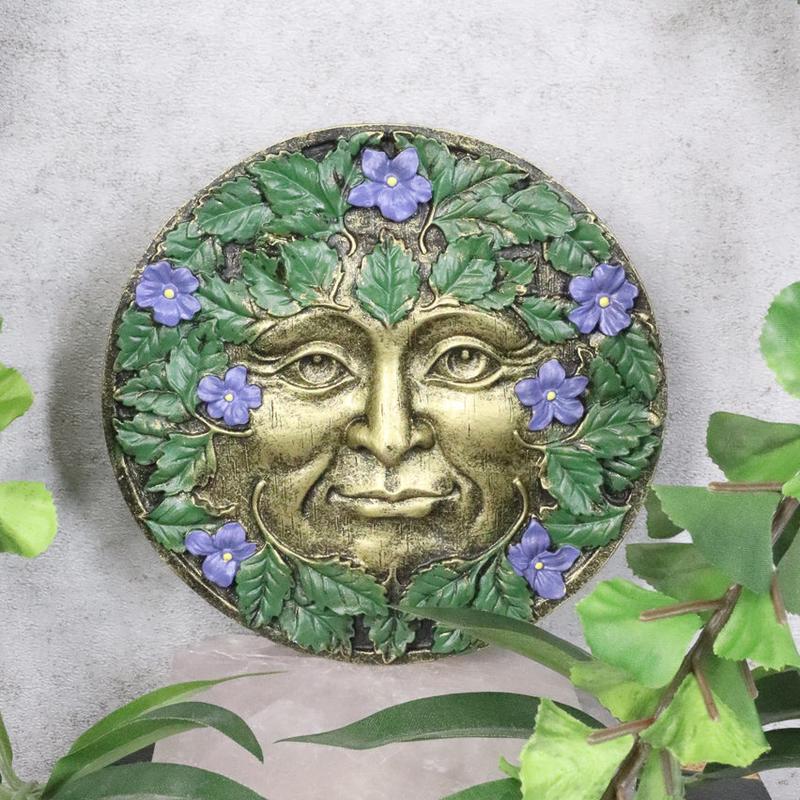 Ebros Bronzed Blooming Foliage Spring Celtic Greenman Wall Decor Periwinkle Flowers