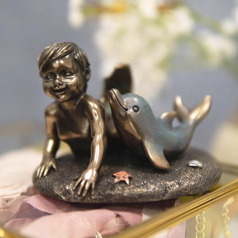 Ebros Merbaby Dolphin Figurine 3.75" L Small Mermaid Baby Playing with Dolphin