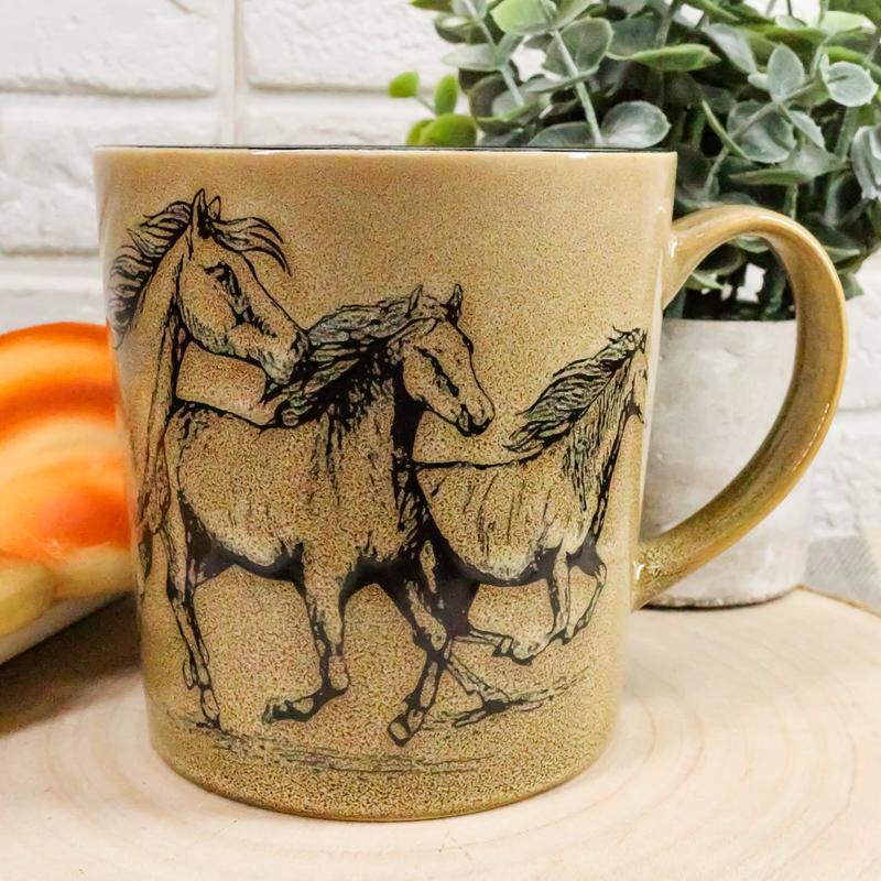 Ebros Rustic Western Wild Running Horses Abstract Art Coffee Tea Drinking Mug