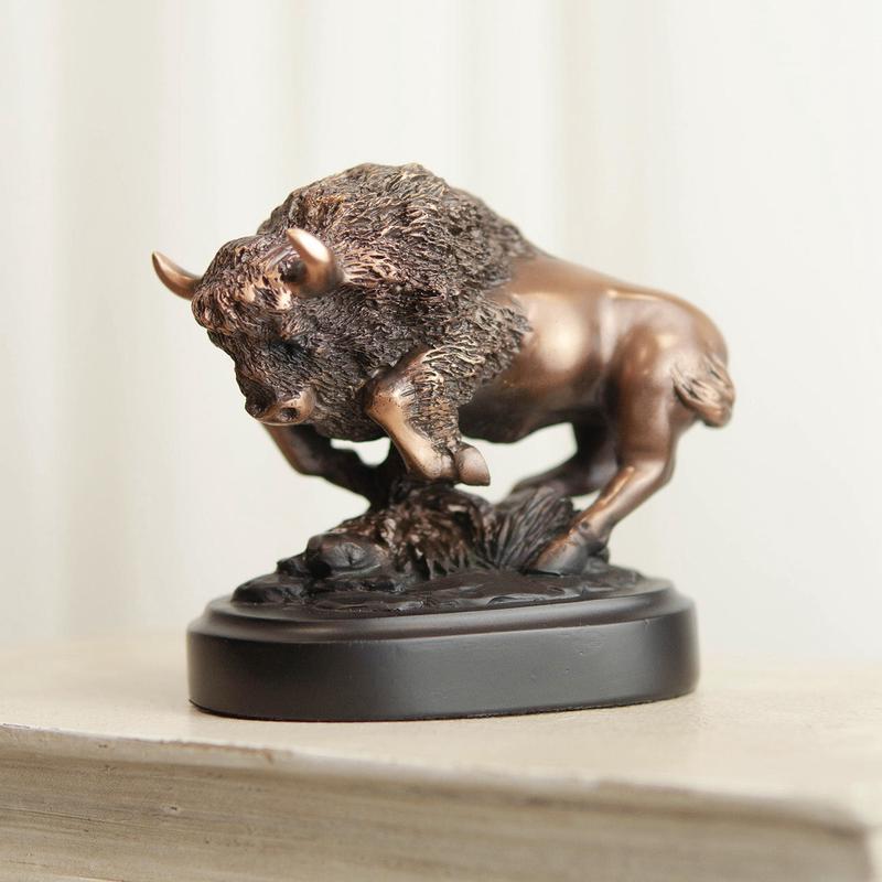 Ebros Western Charging American Bison Small Bronze Patinated Resin Figurine